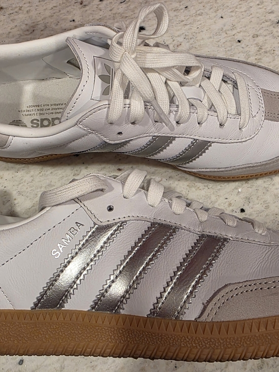 adidas Shoes - Adidas Samba Sneakers in White with Metallic Silver Stripes